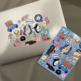(Nyyydesign) Blue Happiness Sticker Waterproof Size A5 สติกเกอร์ กันน้ำ ไดคัทเเล้วลอกเเปะได้เลย ลอกไม่ทิ้งคราบกาว