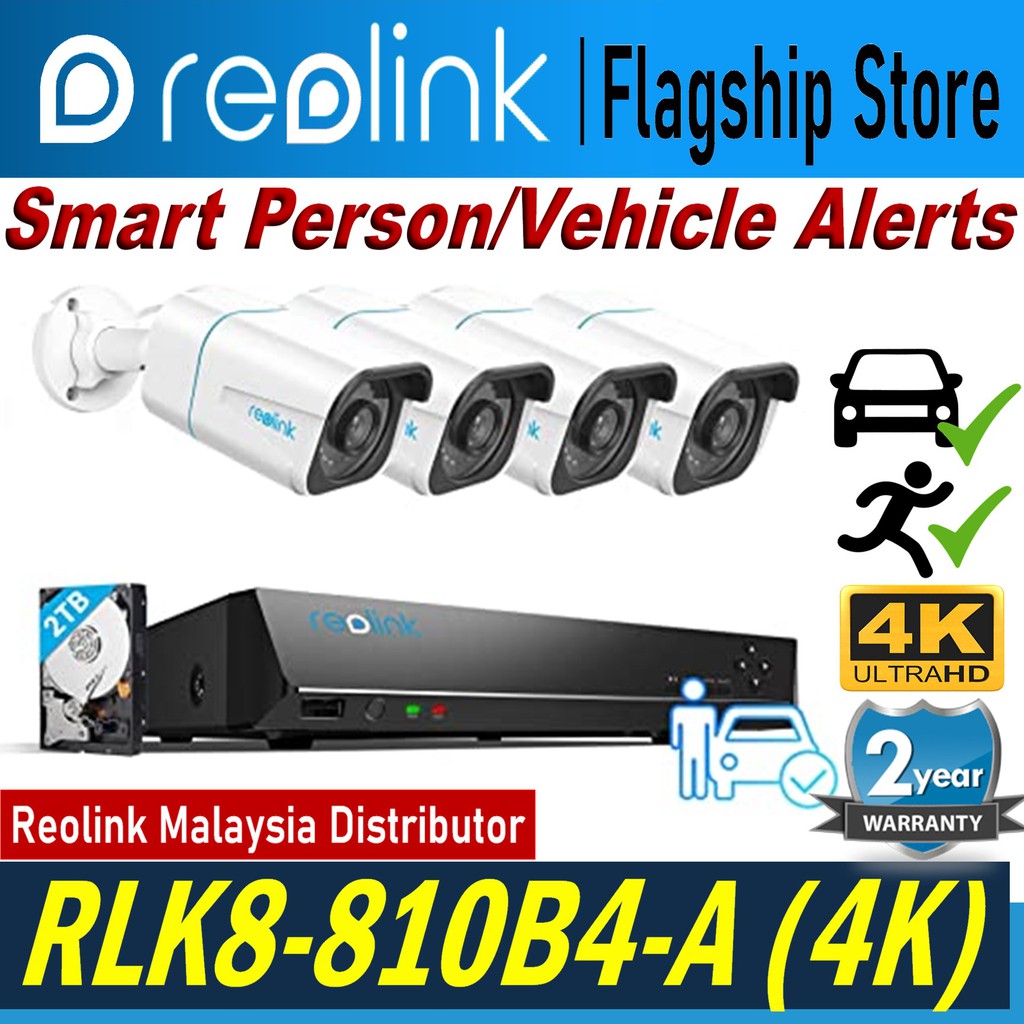 Reolink RLK8-810B4-A 4K NVR 8-Channel PoE กล้องรักษาความปลอดภัย,บันทึก 24/7,Built-in 2TB,People/การต