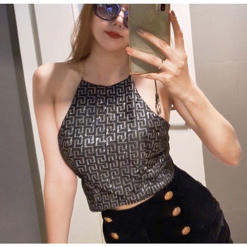 เสื้อ sexy เสื้อครอปสายเดี่ยว คอเต่า vsc สายโซ่ทองไขว้ ผูกโบว์หลัง เซ็กซี่