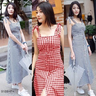 AK 9188 Maxi Dress แม็กซี่เดรสผูกไหล่ลายสก็อต