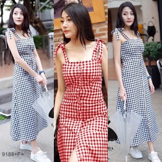 AK 9188 Maxi Dress แม็กซี่เดรสผูกไหล่ลายสก็อต