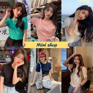 Mini shop🌸พร้อมส่ง🌸 (6788) เสื้อไหมพรมแขนสั้น คอกลม ผ้านิ่มผ้าร่องใส่งายสบายเรียบๆน่ารัก -C