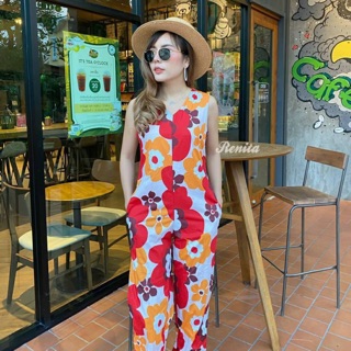 🍬New🍬  ✔Jumpsuit flower  🔥Hot🔥 เดรสจั๊มสูทแขนกล้าม ลายดอกไม้ญี่ปุ่น สีสันสดใส ใส่ง่าย สวย