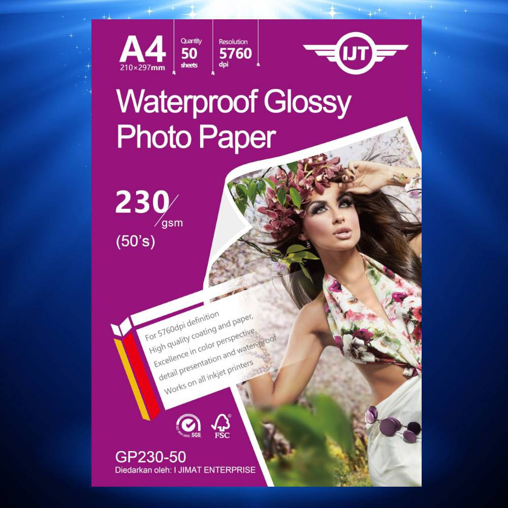 IJT GP230-50 กระดาษภาพถ่ายเคลือบเงากันน้ํา A4 ขนาด 230g 230gsm (Each Pack 50 แผ่น)