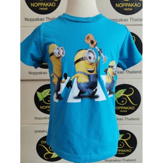 เสื้อยืดคอกลม ลาย minion สีฟ้า งานป้าย