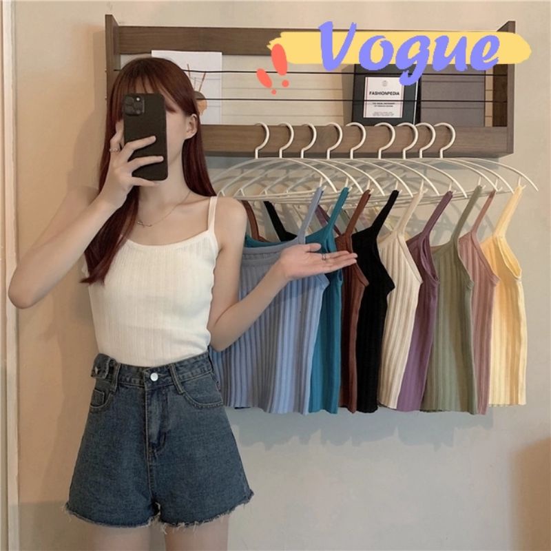 Vogue🌟พร้อมส่ง🌟ไหมพรมเสื้อครอป สีทึบ เสื้อกล้ามถัก ผ้าร่อง สไตล์​เกาหลี (28031)