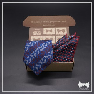 เซ็ทเนคไทน้ำเงินวินเทจแพทเทิร์นPaisley+ผ้าเช็ดหน้าสูท-Blue Vintage Paisley Silk Necktie + Pocket Square