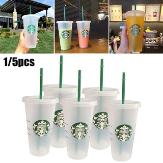 Starbucks แก้วน้ําพลาสติกใส พร้อมฝาปิด มีหลอดดูด สีเขียว 1/5 ชิ้น