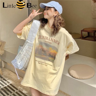 littlebee🍄2325/2327เสื้อยืดโอเวอร์ไซส์ผู้หญิง เสื้อยืดคอกลม สีเหลือง（oversized T-shirt）