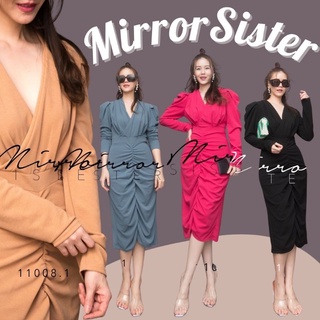 🔖ป้าย Mirrorsister เดรสทรงสวย ช่วงบนคอวีไขว้จับทวิส แขนยาวไหล่ยก ช่วงล่างกระโปรงทรงสอบจับย่น