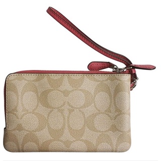 ของแท้ F66506 COACH DOUBLE CORNER ZIP WRISTLET IN SIGNATURE  SILVER / LIGHT KHAKI / STRAWBERRY กระเป๋า คล้องมือ 2 ซิบ