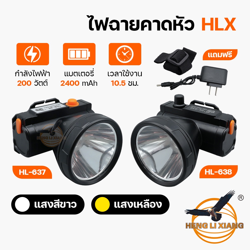 HLX ไฟฉายคาดหัว ตรานก กันน้ำ ลุยฝนได้ ไฟฉาย LED หมุนหรี่แสง ชาร์จได้ หม้อแบต เดินป่า ส่องกบ แบตอึด