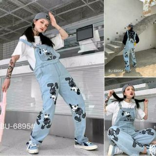 Back up denims BU-6895 เอี๊ยมยีนส์ผ้าด้านขายาวสีฟอกลายการ์ตูน