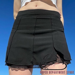 ✨IV❥Women Fashion Skirt Girls Leisure Style Solid Color Mid Waist Mesh Splicing Split Bodycon Half Skirt