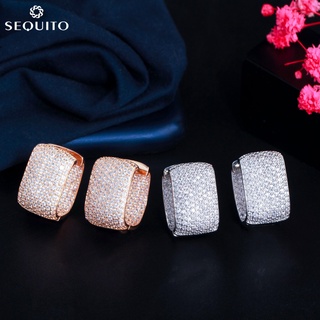 Sequito ใหม่ ต่างหูห่วง สองด้าน ประดับเพทาย CZ สีขาว ทอง สีโรสโกลด์ 585 E622