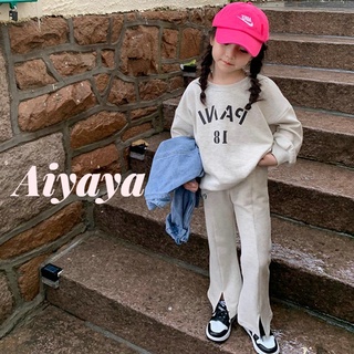 Aiyaya ชุดเสื้อผ้าเด็กผู้หญิง เสื้อพิมพ์ลายตัวอักษร + กางเกง ชุดเซต 2 ชิ้น（280）