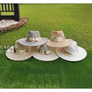 (5สี) หมวกปานามา ขนาดปีก 8cm สายคาดลายสีครีม, C straw panama hat size 8cm