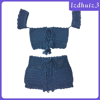 Gemgem Loey  Bohemian Style Womens Bandage Crochet Blue Lace Knit Summer Beach Party Bikini Swimwear Crop Top Shorts Set