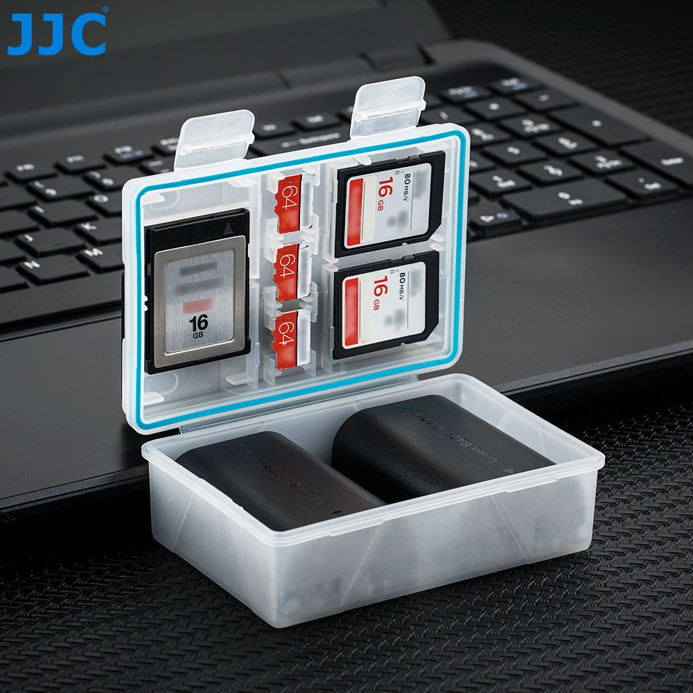 JJC เคสแบตเตอรี่กล้อง DSLR พร้อมช่องเสียบการ์ด SD/MSD/XQD พิเศษ, กล่องป้องกันสำหรับจัดเก็บ Battey สำหรับ Sony NP-FW50 FZ100, Canon LP-E6 LP-E6N LP-E8 LP-E17, Nikon EN-EL14A EN-EL15 และอื่นๆ แบตเตอรี่