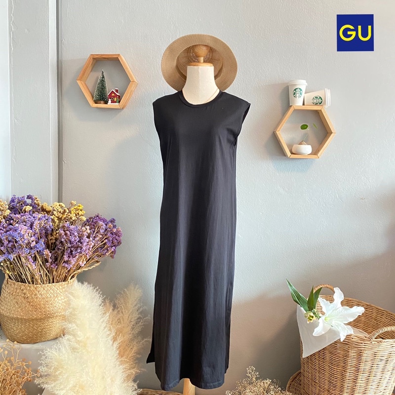 🇯🇵 GU เดรสลำลอง มือสอง แบรนด์ญี่ปุ่นแท้💯% Size M (อก 35”) สีดำ🖤 แขนล้ำ ชายผ่า ผ้าคอตตอนยืด (Lot 10)