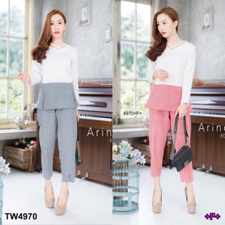 TwinsShopVip💗พร้อมส่ง TW4970 Set สก๊อตชายระบาย อกไขว้+กางเกงสก๊อตขายาว Set crossed bust + long pantsSet crosse