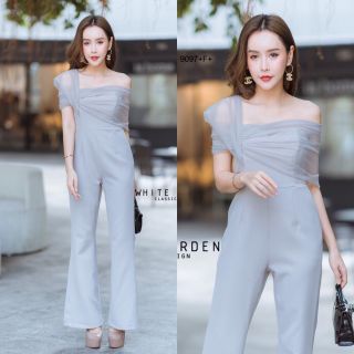 Jumpsuit จั๊มสูทปาดไหล่ เนื้อผ้าซาร่า สีเทา ดีเทลช่วงบนต่อผ้ามุ้งซีทรู พาดไหล่ เก๋ๆ