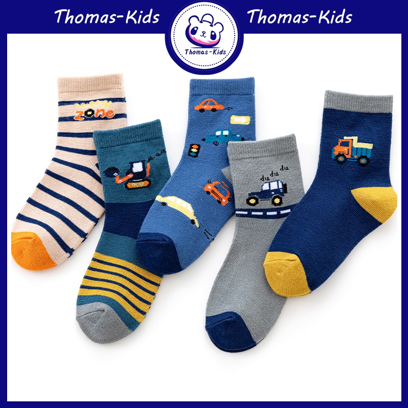 [THOMAS KIDS] ถุงเท้าผ้าฝ้ายแท้ ลายการ์ตูนรถบรรทุก คุณภาพสูง ใส่สบาย สําหรับเด็กผู้ชาย และเด็กผู้หญิง อายุ 1-12 ปี 5 คู่