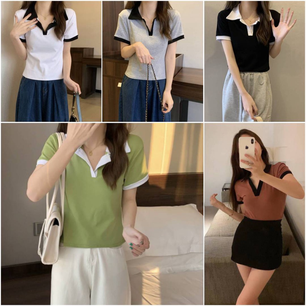 Moonlifeเสื้อยืดแขนสั้น ไหมพรมแขนสั้น คอปก ทรงพอดีตัว ผ้านิ่มยืดได้เยอะ พร้อมส่ง #A11