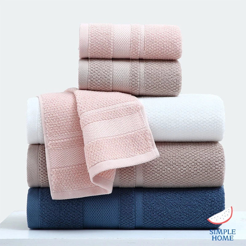 Simple Home พร้อมส่ง! ผ้าเช็ดตัว ผ้าเช็ดผม ผ้าขนหนู คอตตอน100% ทอลายดอท ผืนใหญ่+เล็ก เข้าเซต 4สี น่ารัก