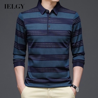 Ielgy เสื้อยืดโปโล แขนยาว ลายทาง ลําลอง สําหรับผู้ชาย