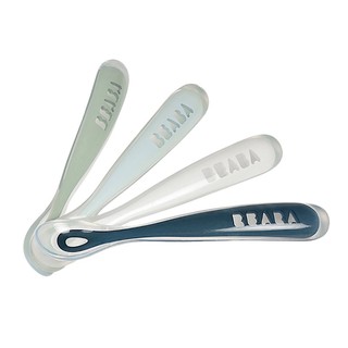 BEABA ชุดช้อนซิลิโคนด้ามยาว Set of 4 Ergonomic 1st age Silicone Spoons (Eucalyptus/Airy Green/Light Grey/Navy Blue)