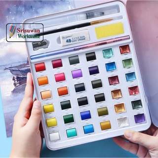 GIORGIONE สีน้ำ เซ็ทใหญ่ 36 สี Metallic Watercolour Set ชุดสีน้ำกล่องเหล็กสีดำ พร้อมพู่กัน พู่กันแท้งค์ No.G-ZG-36B