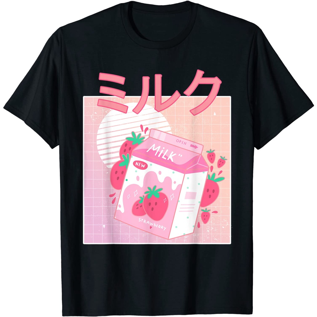 เสื้อยืด ลายการ์ตูนนมสตรอเบอร์รี่ สไตล์ญี่ปุ่นย้อนยุค ยุค 90s