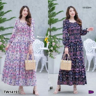 Maxi dress ลายดอกไม้ มีระบายย่นช่วงอก มีสม๊อครอบตัว