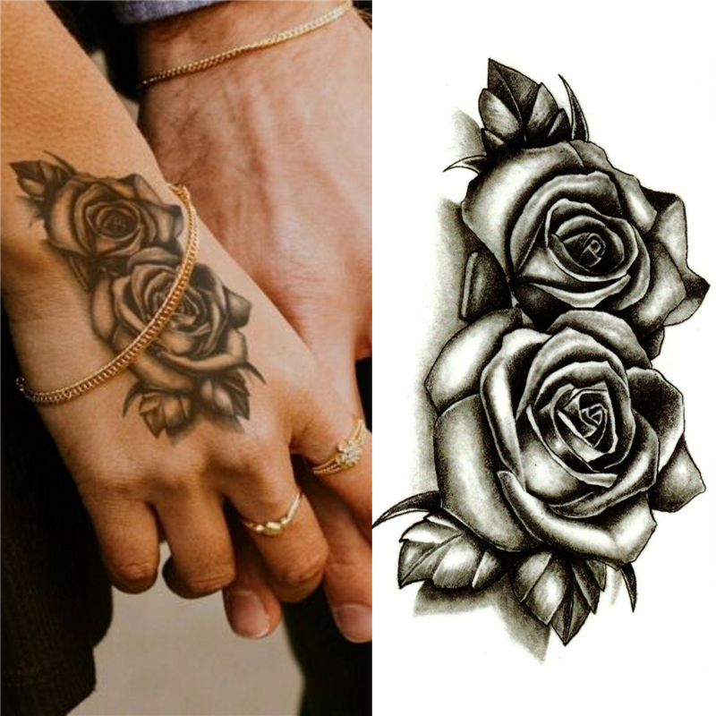 สติกเกอร์รอยสักชั่วคราวลายดอกกุหลาบสีดํากันน้ํา