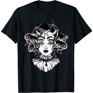 ผ้าฝ้ายคอกลมเสื้อยืด พิมพ์ลาย Horned Devil Girl Satanic Halloween Glitch Gothfrom S-4XL