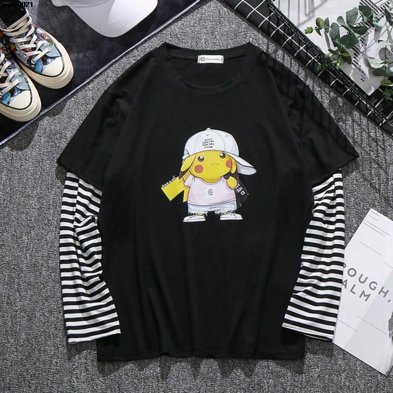 แฟชั่นลายผู้ชาย/ผู้หญิงแขนยาวปลอมสอง Roung คอการ์ตูน Pikachu เสื้อยืดสีดําและสีขาว E11