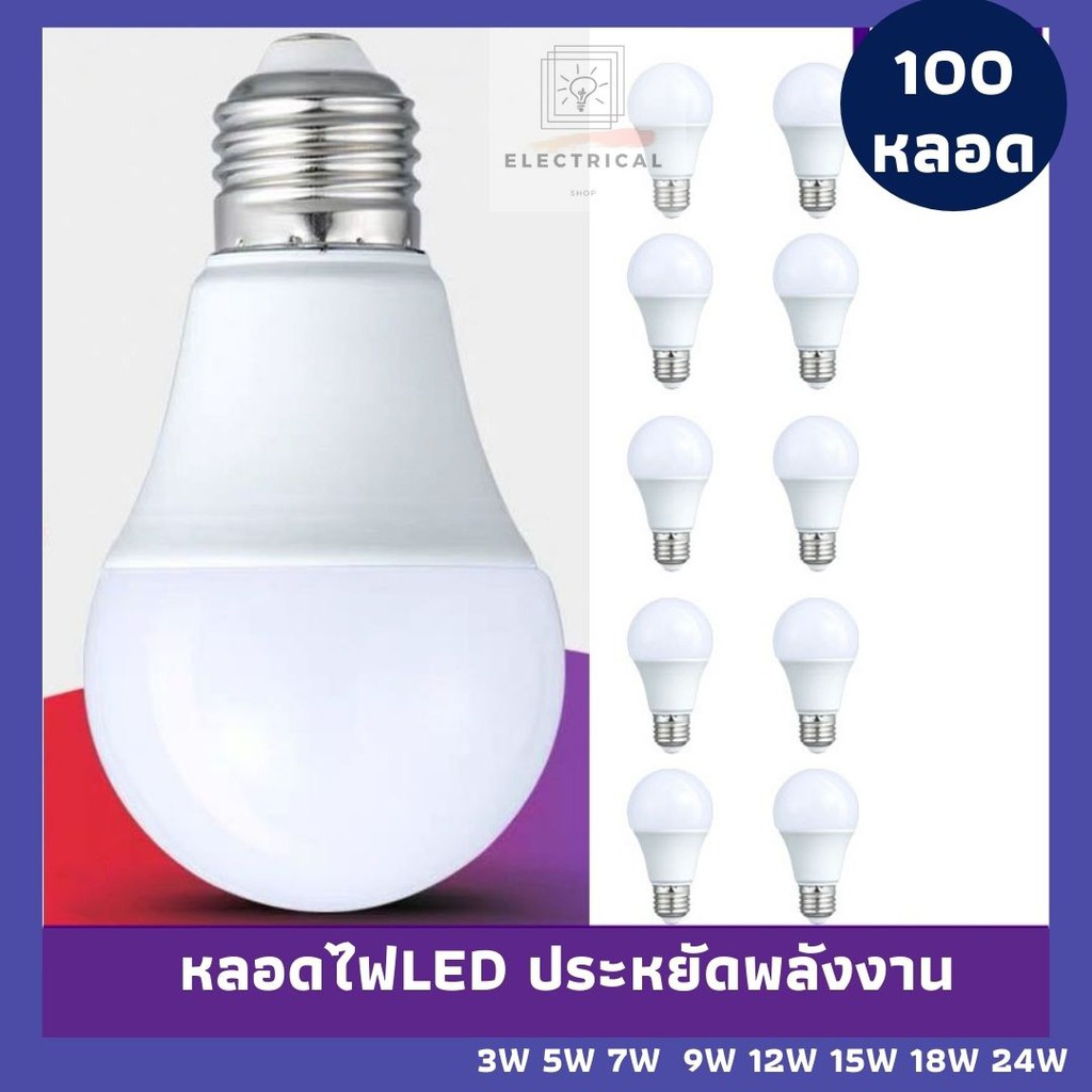 หลอดไฟ LED100หลอด หลอดไฟ LED BULB ขนาด(100pcs)3W 5W 7W 9W 12W 15W 18Wแสงไฟสีขาว ขั้วเกลียว E27 (สินค้าพร้อมส่ง)