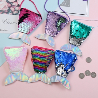 Sequin coin purse string coin bag small purse childrens straddle small bag fish tail two color Sequin change bag girl