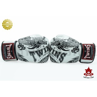 นวมชกมวย TWINS SPECIAL BOXING GLOVES FBGV 49 Dragon Style White / Black นวมต่อยมวย หนังแท้ สีขาว ลายมังกร ลายสีดำ