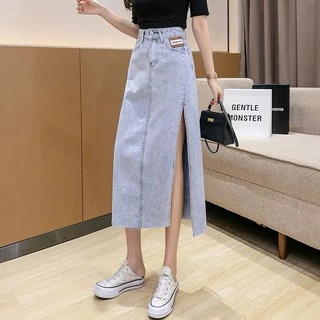 Swan shop 🎈พร้อมส่ง🎈 กระโปรงยีนส์ยาวปานกลางผ่าข้างสำหรับฤดูร้อน แนวหวาน สไตล์เกาหลี