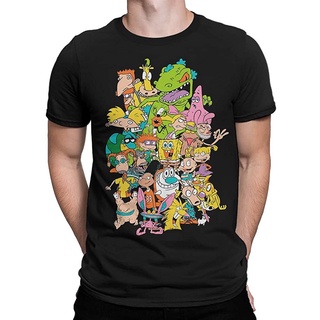 ผ้าฝ้ายคอกลม100%cotton เสื้อยืดคอวีผู้ชาย Old School 90s Cartoons T-Shirt, Spongebob Hey Arnold! Catdog Ren And Stimpy