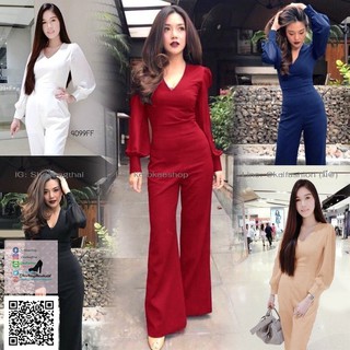 K4099 (พร้อมส่ง) Jumpsuit จั้มสูทขายาวทรงกระดิ่ง งานผ้าซาร่าเนื้อดี (งานขายจริงตามภาพถ่ายวางพื้น)​ มีเก็บเงินปลายทาง