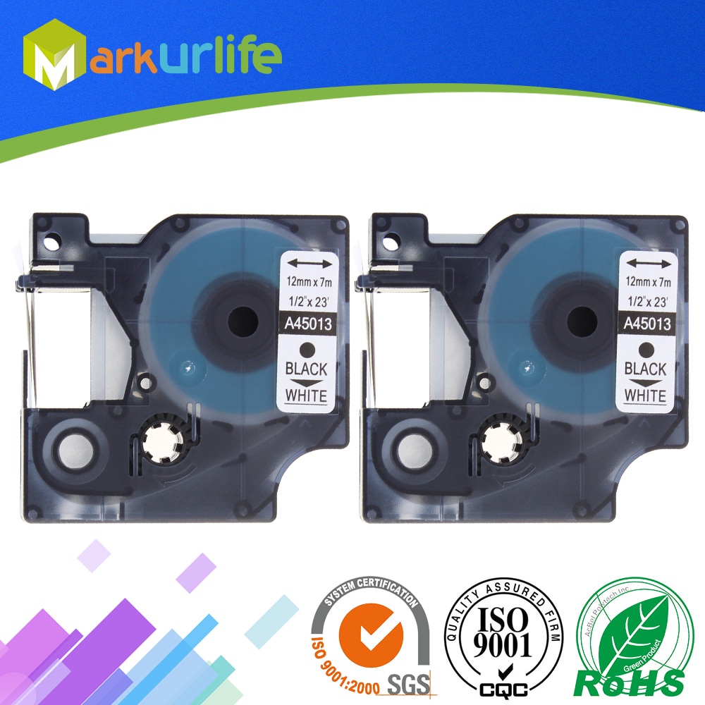 2 Pack/Lot Labeling Tape for DYMO 45013 s0720530 Compatible Dymo D1 Label Writer 12mm* 7m Black on W