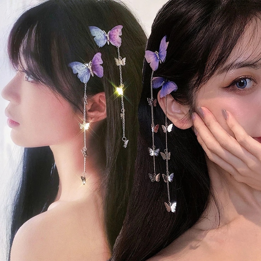 2pcs/set หวานผีเสื ้ อพู ่ Chain คลิปผมสําหรับผู ้ หญิงแฟชั ่ นน ่ ารักคริสตัล Hairpin อุปกรณ ์ เสริมผม