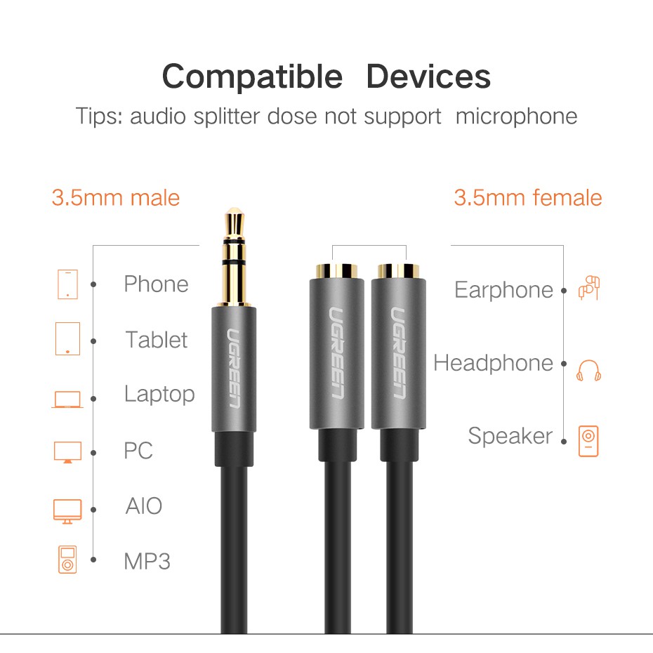 Ugreen (20cm.) Headphone Splitter Audio Cable 3.5mm Male to 2 Female Jack 3.5mm  (10532,10780)