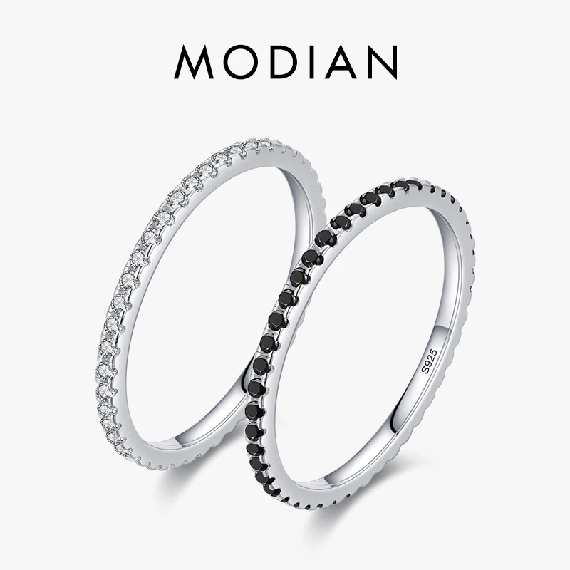 Modian แหวนเงินแท้ 925 ประดับเพทาย คริสตัล สีดํา ซ้อนกันได้ เครื่องประดับแฟชั่น สําหรับผู้หญิง ปาร์ตี้