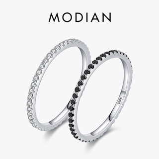 Modian แหวนเงินแท้ 925 ประดับเพทาย คริสตัล สีดํา ซ้อนกันได้ เครื่องประดับแฟชั่น สําหรับผู้หญิง ปาร์ตี้