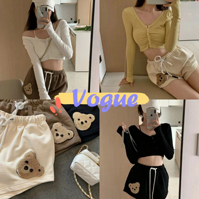 Vogue​ ​พร้อมส่ง​ ​กากงผ้าขาสั้น ปักหมีน่ารักมากสีพื้นใส่่สบายเอวสม็อค(KU-DK-XX-8820) 02