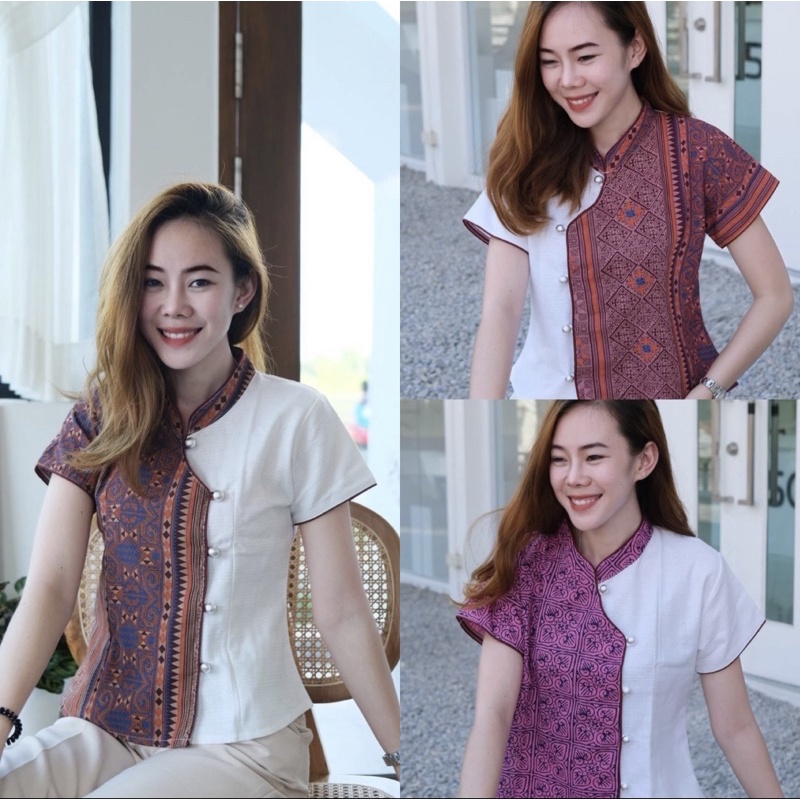 เสื้อผ้าฝ้ายคอจีนแต่งผ้ากบพิมพ์ลาย เสื้อพื้นเมือง ผ้าไทย Shopee Thailand